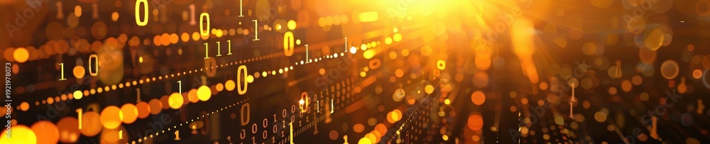 Obraz premium Abstract Golden Digital Binary Code Background with Matrix Data Stream, Glowing Bokeh Lights, and Futuristic Technology Concept Banner