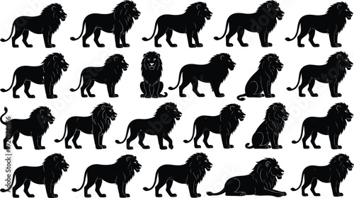 Lion silhouette collection featuring standing and sitting African lions isolated on white background for wildlife vector illustration, logo design and branding