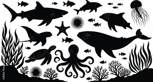 Ocean marine life silhouette collection featuring shark, whale, dolphin, turtle, octopus and coral reef isolated on white background for vector design