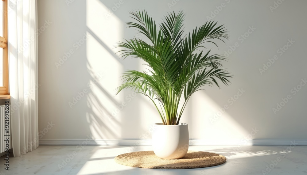 Fototapeta premium Green parlor palm plant in white pot. Bright room with sunlight through window. Minimalist home decor, healthy indoor flora. Natural light shines on leaves, clean white wall background.
