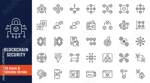 Blockchain security icon set. Icons related to cryptography, encryption, decentralization, hash function and more. Outline icon with Editable stroke. Vector illustration