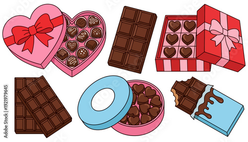 Assortment of delicious chocolate bars and heart shaped chocolates in gift boxes perfect for celebrating love and indulgence candy sweet confectionery dessert food treat present