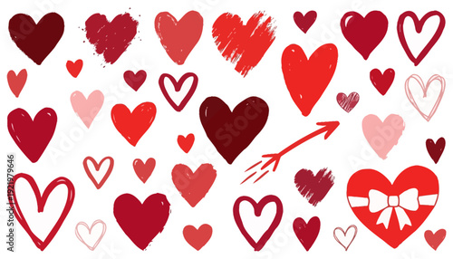 A vibrant collection of hand drawn hearts in various shades of red and pink with different textures and a cupid's arrow celebrating love and romance valentine symbol shape
