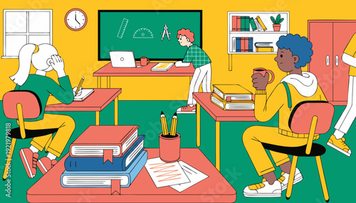 Very beautiful cartoon style classroom interior including teacher table, laptop, green board with geometric tools, wall clock, and bookshelf, creating a lively academic illustration.