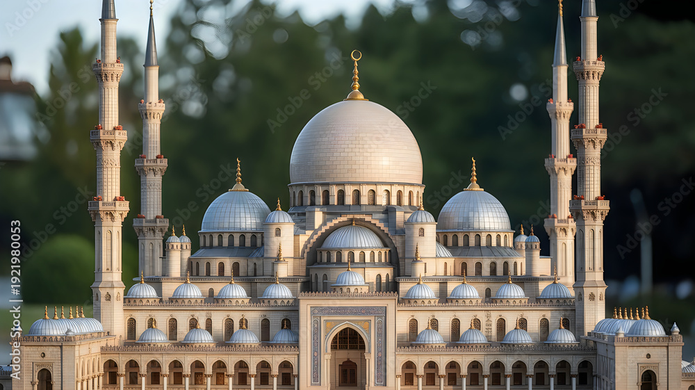 Fototapeta premium Intricate architecture of a grand mosque with domes and minarets under clear skies