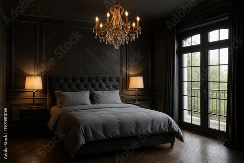 Elegant dark classic bedroom interior with a crystal chandelier and tufted bed