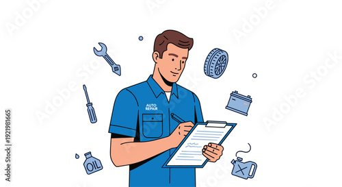 An attentive male auto repair technician wearing a blue uniform is diligently writing notes on a clipboard surrounded by various car service tools and parts.