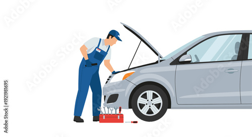 A professional auto mechanic wearing blue overalls and a cap meticulously inspects the engine of a silver car with its hood open in a clean repair shop.