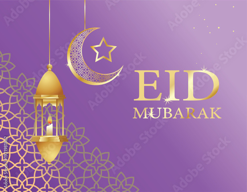 An illustration of Arabic lantern hanging with ornamental Moon on isolated background