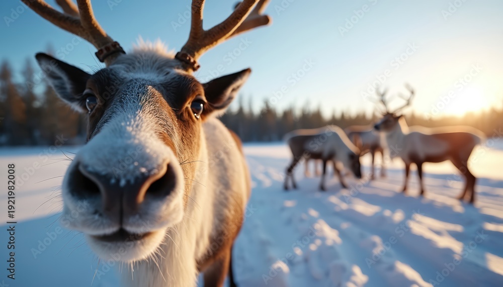 Fototapeta premium Reindeer herd grazes on snow-covered Lapland farm. Close-up of curious reindeer face. Antlers visible against bright winter sunlit sky. Forested horizon.