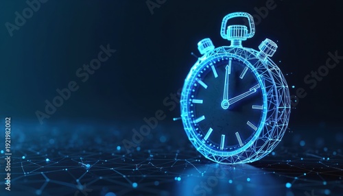 Wireframe stopwatch on dark background. Digital clock with glowing neon lines represents time management. Urgency and deadline concept for business projects and tasks.