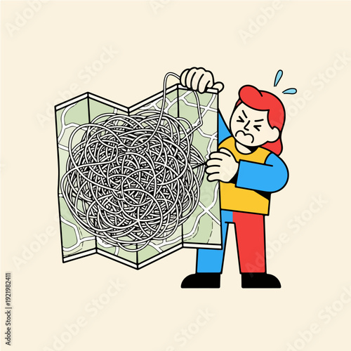 Confused person holding a tangled map, lost and bewildered, seeking direction.