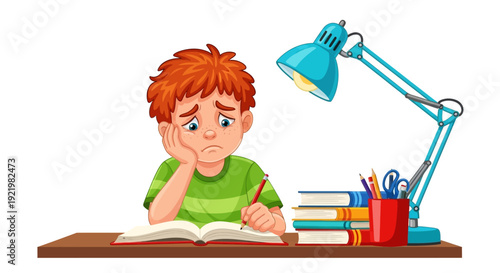 A young student studying at a desk with books and a lamp in a quiet environment viewed from the side