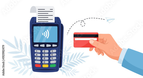 Hand holding credit card near payment terminal with receipt printer in a commercial setting