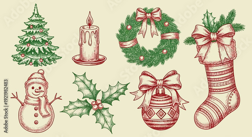 Christmas illustrations featuring a tree, snowman, candle, wreath, holly, and stocking in a festive holiday arrangement