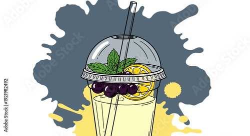 A refreshing cold drink with grapes and mint leaves in a glass cup with a straw on a colorful background