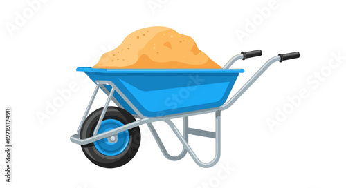 A vibrant blue wheelbarrow filled with sand, viewed from the side on a construction site