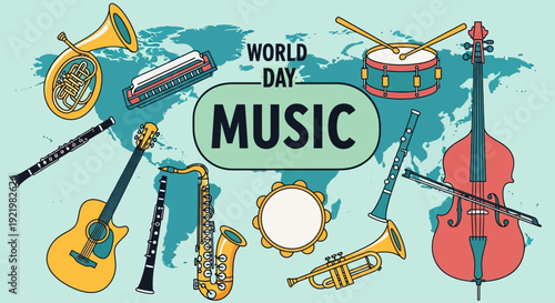 Vibrant illustration of various musical instruments celebrating World Music Day on a global map