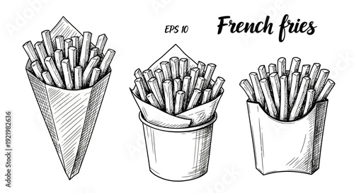 Three different servings of French fries in various containers, depicted in a simple black and white illustration