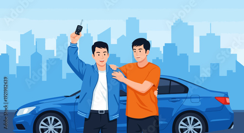 Two men standing next to a car in the city, one holding a phone