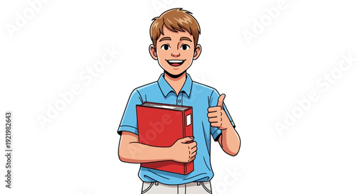 A young boy holding a red folder and giving a thumbs up in a casual pose