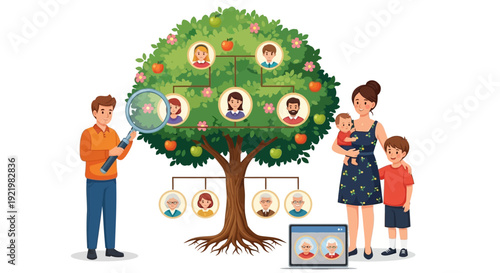 Family standing together beside a tree with a family tree diagram