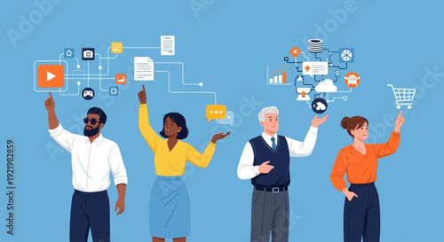Diverse group of people interacting with digital icons and symbols representing online shopping and technology