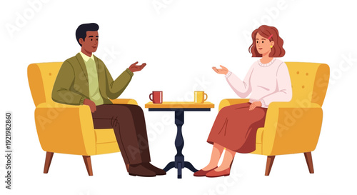 Two individuals engaged in conversation while seated on yellow chairs across from each other near a small table