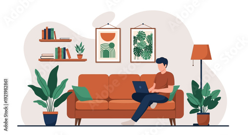Man working on laptop while sitting on a couch surrounded by plants and books in a cozy living room