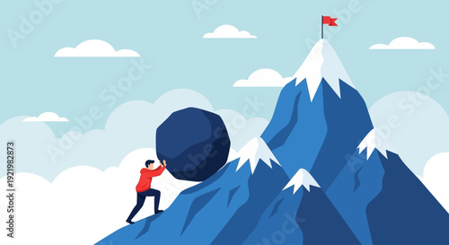 Man pushing large boulder up snowy mountain peak with flag on top, viewed from side