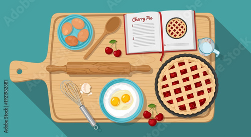 Preparing a delicious cherry pie on a wooden cutting board with ingredients and utensils