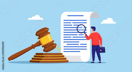 A person examining a large document with a magnifying glass alongside a gavel on a stack of books