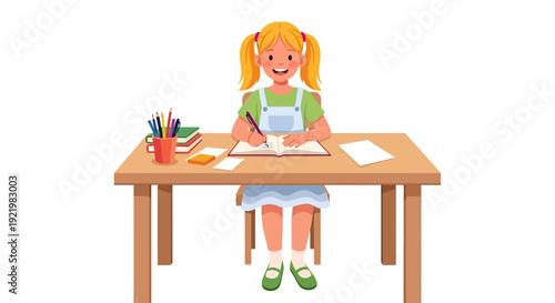 A young girl with blonde hair drawing at a wooden desk with art supplies