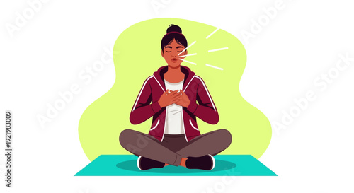 Young woman practicing yoga meditation on a mat in a peaceful environment from a front viewpoint