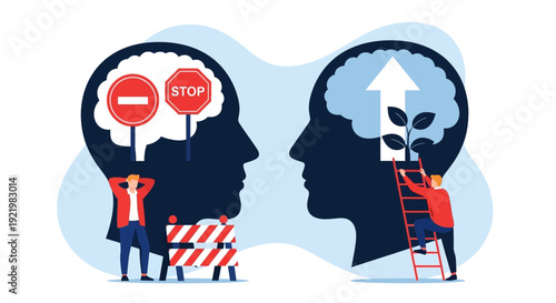 A person overcoming negative thoughts and climbing towards a positive mindset with the help of mental blocks and thought process illustrations