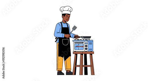 A chef stands at a grill on a wooden table, preparing food in a kitchen setting from a frontal viewpoint.