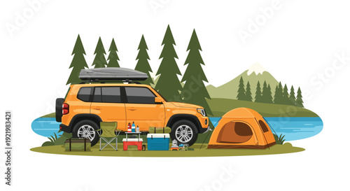 An orange SUV with a roof box is parked beside a calm blue lake, featuring a tent and camping gear surrounded by pine trees and mountains.