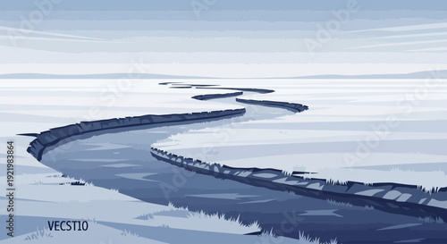 Winding crack in vast frozen landscape under a cold sky