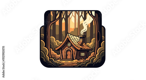 Whimsical illustration of a cozy wooden cottage in a forest