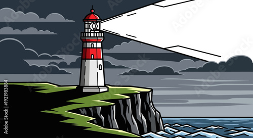 Flat vector illustration of a red and white lighthouse on a cliff at night.