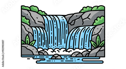 Cascading mountain waterfall in a minimalist flat illustration style