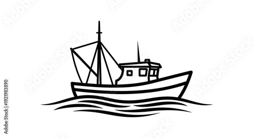 Simple Line Art Illustration of a Fishing Boat on Waves