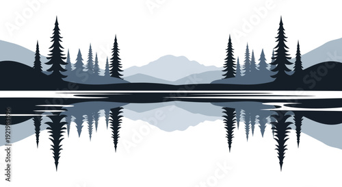 Stylized Pine Tree Forest Landscape with Mountain Reflection