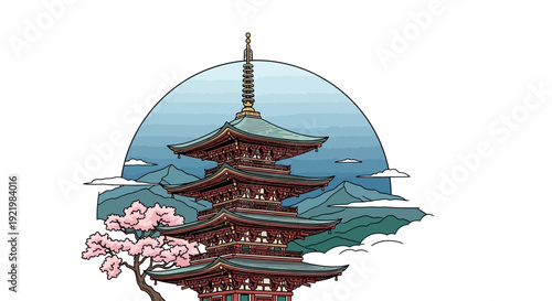 Traditional Japanese pagoda with cherry blossoms and mountains
