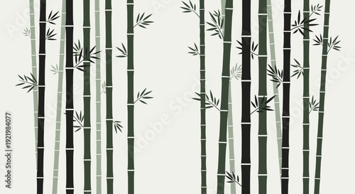 Stylized dark and green bamboo stalks with leaves against a light background.