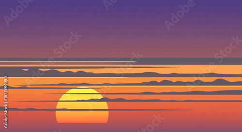 Stylized sunset over abstract horizon with layered clouds.