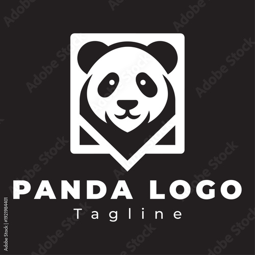 Creative Minimalist Panda Logo Design Featuring a Cute Giant Panda Face Inside a Square Frame for Modern Brand Identity and Wildlife Conservation Related Business