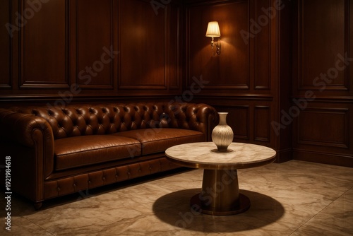 Luxurious living room interior with a tufted brown leather sofa, marble coffee table, wood paneled walls, and ambient lighting. Ideal for showcasing high-end interior design and luxurious living.