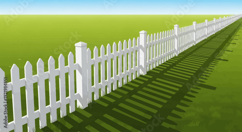 White picket fence across a green grass field under a clear blue sky