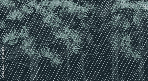 Stylized graphic illustration of heavy rain falling on a pine forest.